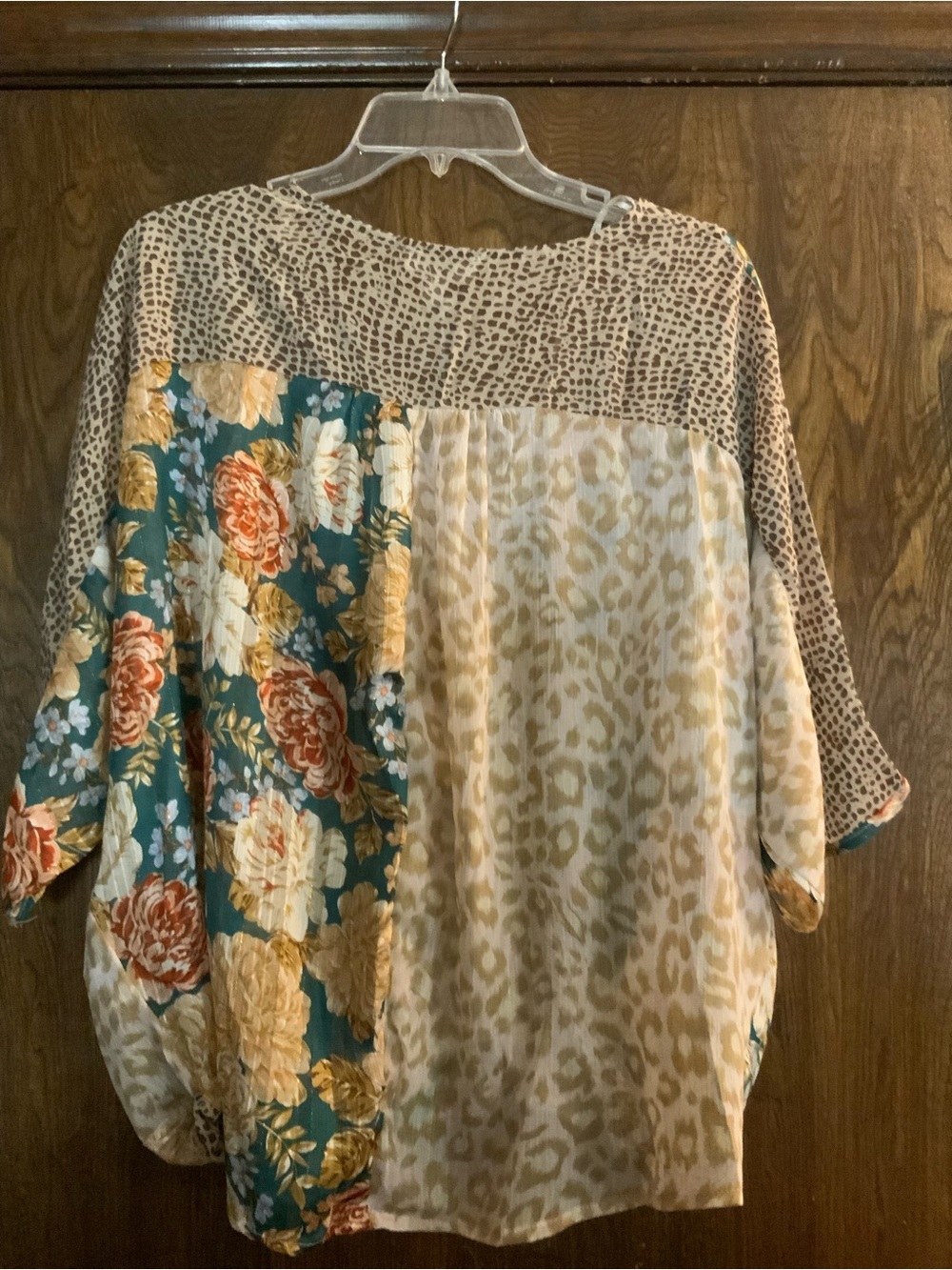Umgee Teal Floral and Cream Leopard Mix Tunic - Picture 3 of 3